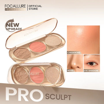 FOCALLURE 3 In 1 Pearlescent Highlighter Contour Blush Palette Multi-Use 3D Matte Face Contour Blusher Makeup Powder Cosmetics
