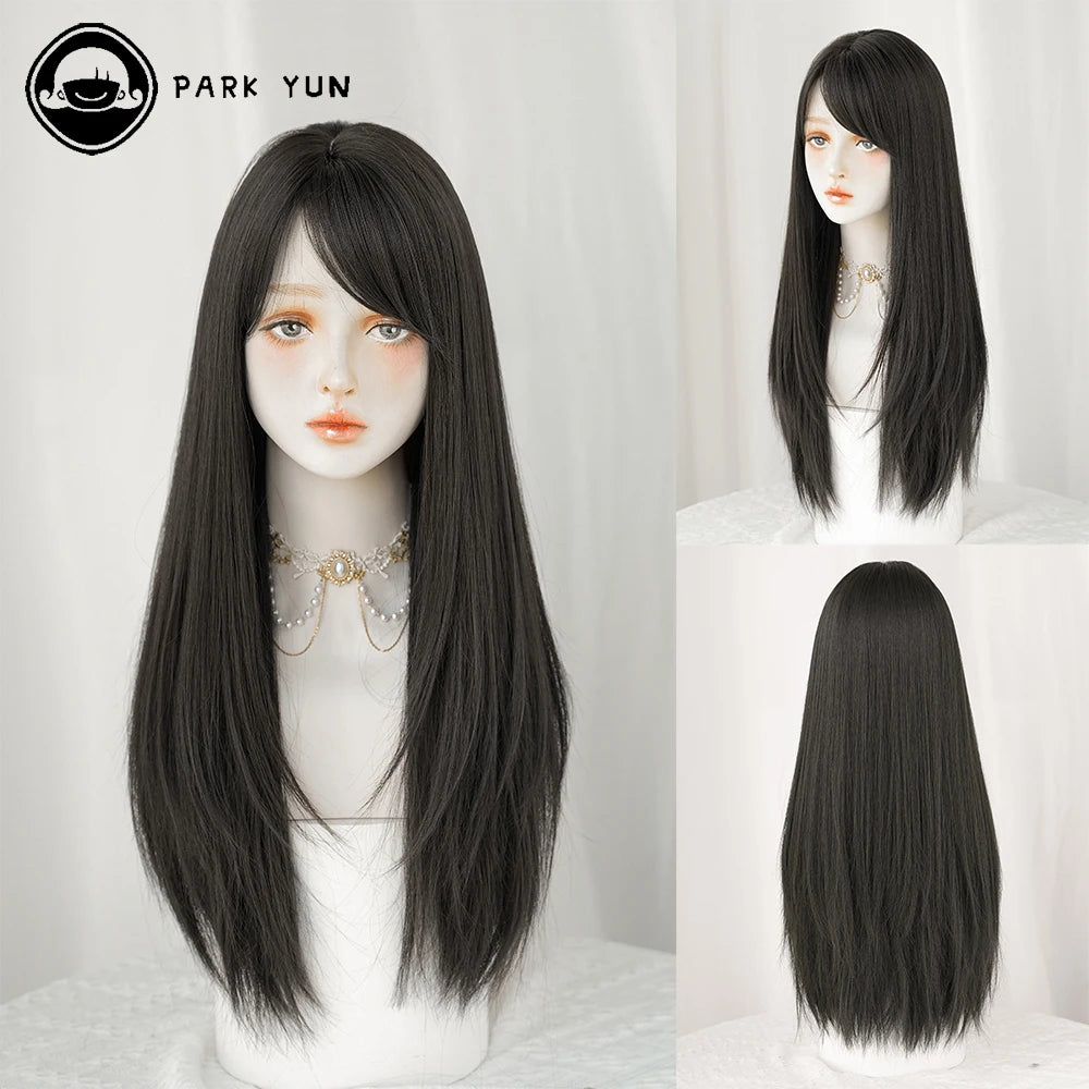 PARK YUN Long straight Dark brown Wig for Women Natural Mid Parting Sweet Synthetic Wigs Heat Resistant Daily Cosplay Lolita Wig