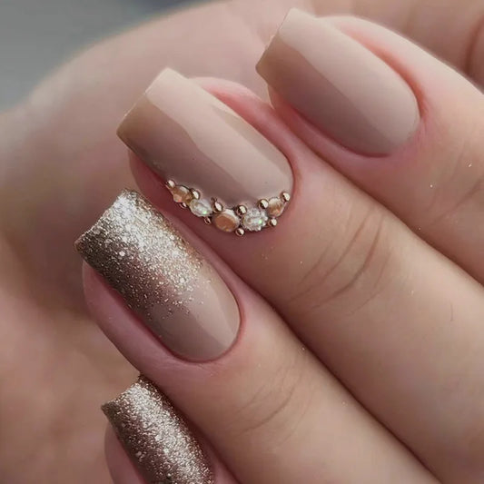 24pcs Gold Glitter Faux Nails Ballet français blanc avec diamants coeur conception portable faux ongles presser sur les clous pointes art