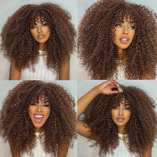 Curly Afro Wigs For Black Women Short Kinky Curly Wigs With Bangs 16inch Brown Afro Hair Synthetic Fibre Glueless Cosplay Hair