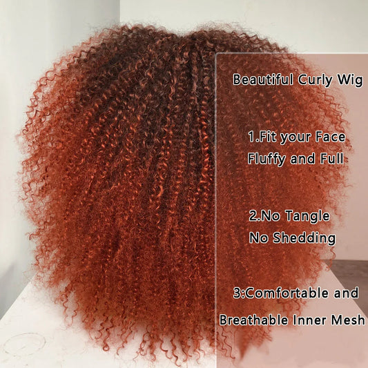 Brown Curly Wig Synthetic Cosplay Short Afro Kinky Curly Wig With Bangs For Black Women Fluffy Natural Wig Ombre Hair 18''