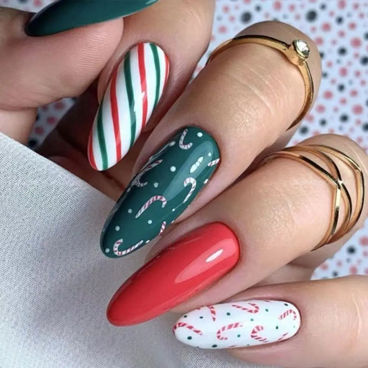 Natal False Nails Snowflake Papai Noel Design Fake Fingernails