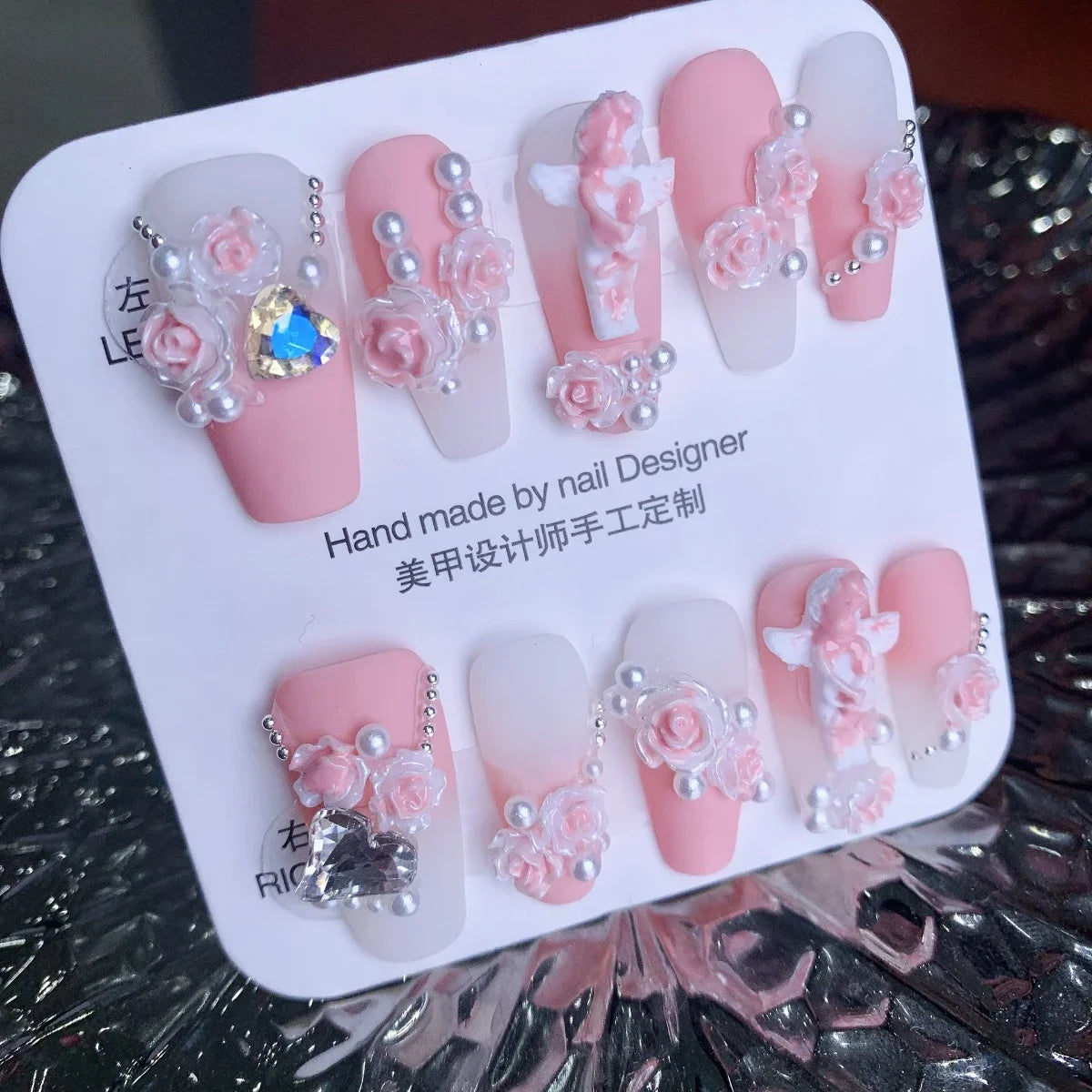 Pink Gradient Three-dimensional Realistic Camellia Fake Nails Pearl Embellishment False Nail Art Wear Nail Can Be Use Repeatedly