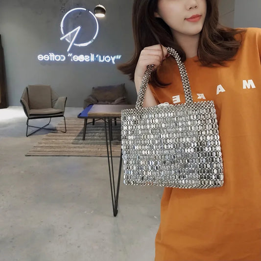 Luxury Designer Purses and Handbag Shoulder Bag silver Metal beaded bag Shiny Crystal tote bags for women banquet Clutch Bags