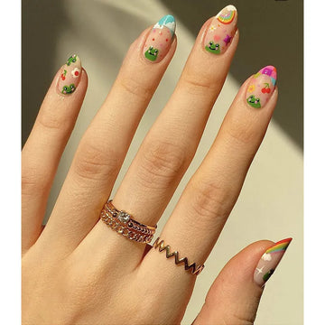 Cute Frog Flower Fake Nail Patch Round Head Summer Style False Nails for Girl Women Nail Art Manicure Supplies Press on Nails