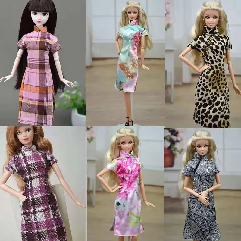 Bloemen plaid cheongsam mode 11,5 "poppenkleding voor barbie jurk handgemaakte outfits 1/6 bjd accessoires Chinees qipao speelgoed
