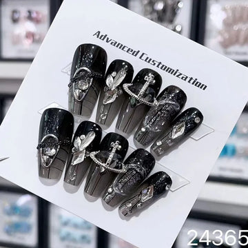 Handgjorda svarta pressar på naglar y2k lyxig punk design återanvändbar lim falska naglar franska långa kista akryl konstgjord manikyr