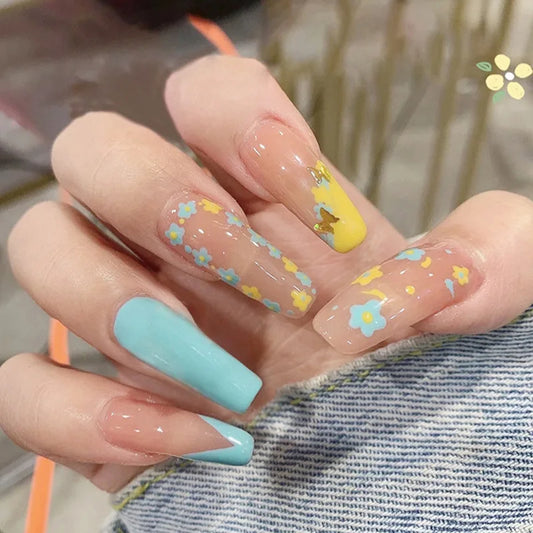 24 piezas flores frescas uñas falsas primavera verano lindo manicura uñas diseño colorido uñas falsas tapa completa estilo gel francés