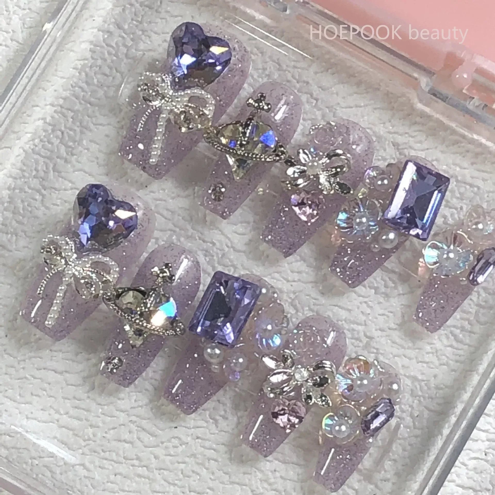 10pcs Purple Heart fait à la main Faux Nails 3D RHINESTON BOW Design Ballet Nails Art Couverture complète Presse artificielle imperméable sur Nail