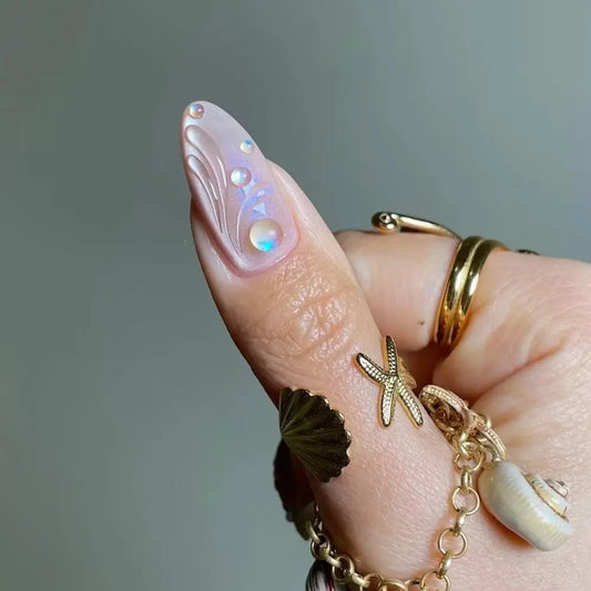 10Pcs Handmade Manicure Medium Almond Fake Nails 2024 New Starfish Limite Press On Nails Design with Adhesive Nail File Set