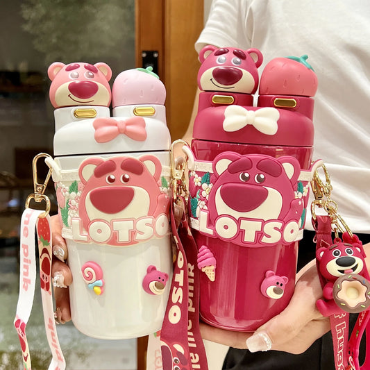 Erdbeerbär Losto Children's Thermos Cup Girl tragbare Kessel -Grundschule Doppel -Trinken mit Strohflasche