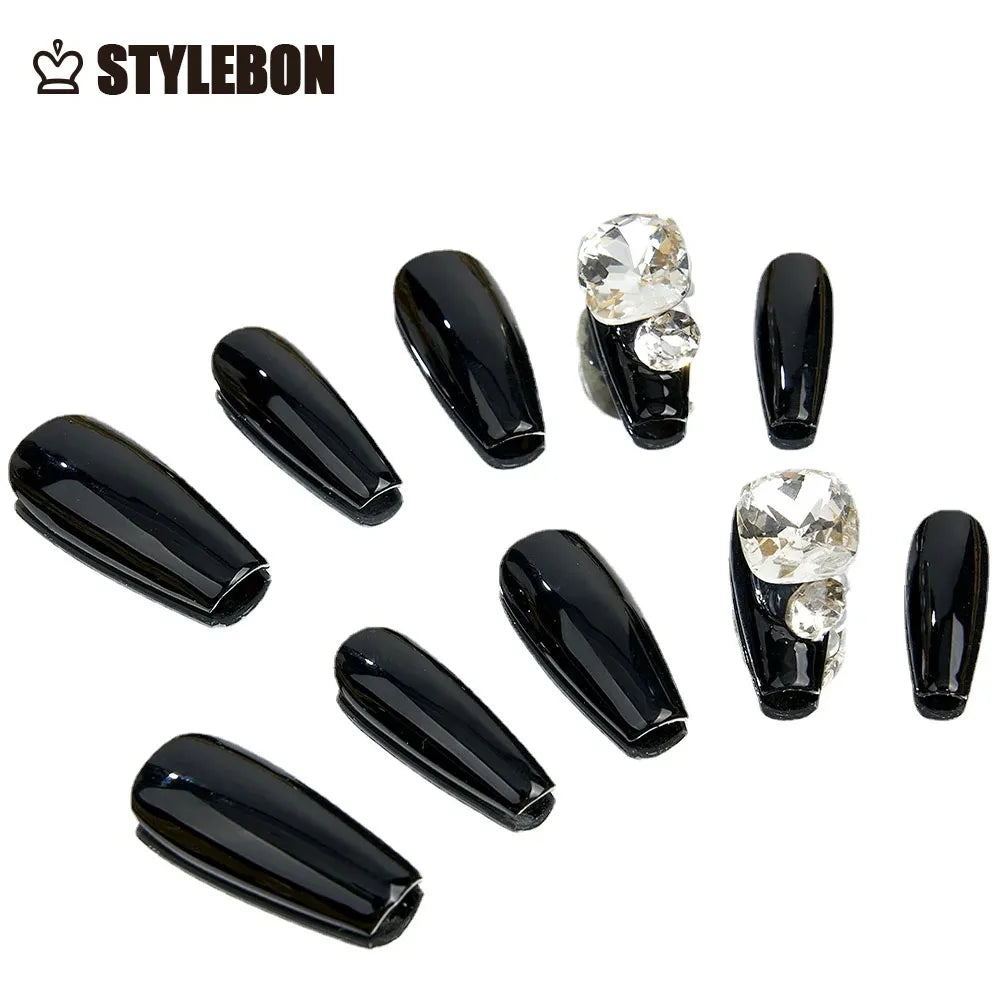10PCS Sweet Cool Hot Girl False Nail With Glue Wearable Black Crystal Diamond Fake Nails with Designs Press on Nails Long Coffin