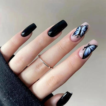 24Pcs Middle length Black Square Head False Nails With Butterfly Pattern Design Artificial Nails for Black Women 2023 New