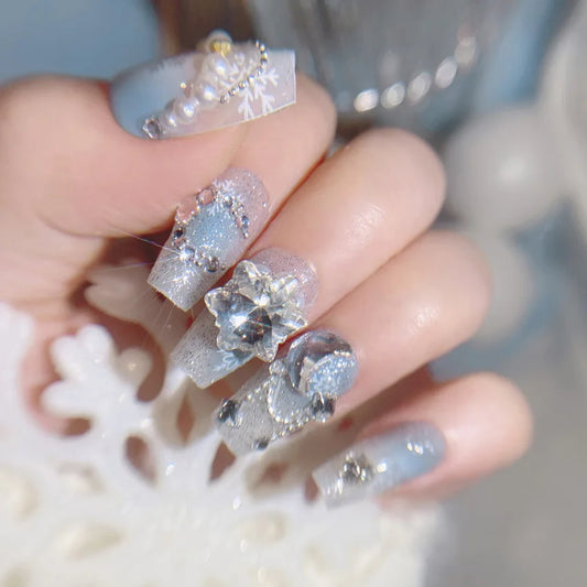 Chiodi finti blu gradiente con design a cristallo di fiori glitter unghie finte per le donne regali di Natale unghie artificiali fatti a mano