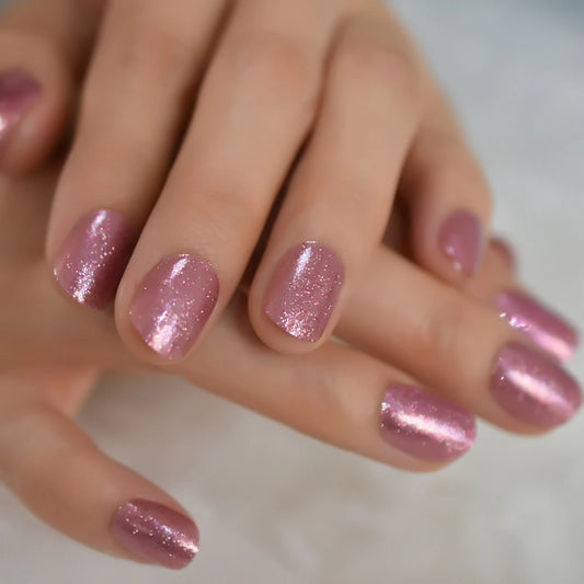 Druk op valse nagels Glitter Pure Pink Color Artficial Nails Oval Prom Stick op Nagels Girl Gloosy voor dagelijks