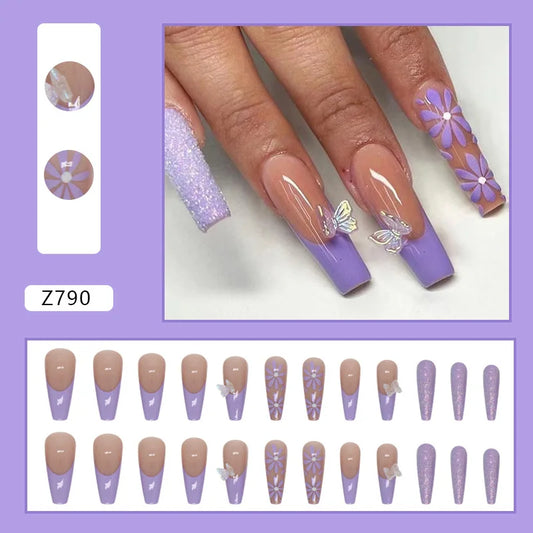 24 piezas/set falso uñas francesas mariposas simples puntas de uñas falsas cubiertas de clavos