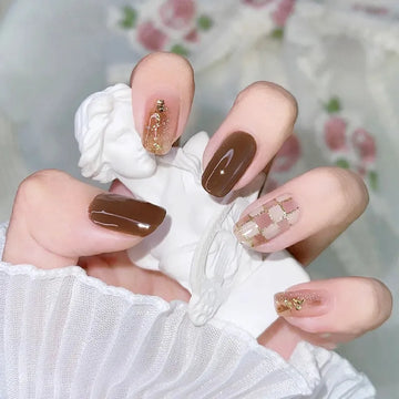 24 st/box brun gitter falska naglar oval konstgjord press på naglar skönhet återanvändbar pinne på tips diy manikyr verktyg falska naglar