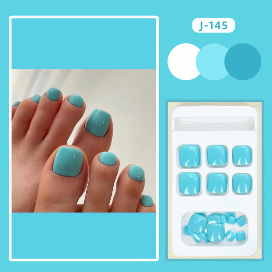 24ps Glossy Lake Blue Blue Press on Toe uñas acrílicas de los pies falsos de la cobertura completa de la uña de punta portátil extraíble terminado
