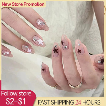 24 st bärbar press på falska naglar tips med lim falska naglar design härlig stjärna mönster tjej falska naglar återanvändbar manikyr