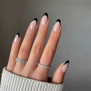 24 stcs Volledige dekking nep nagels zwarte amandel Franse valse nagels stiletto nagel tips druk op nagels met druklijm met nagelbestand