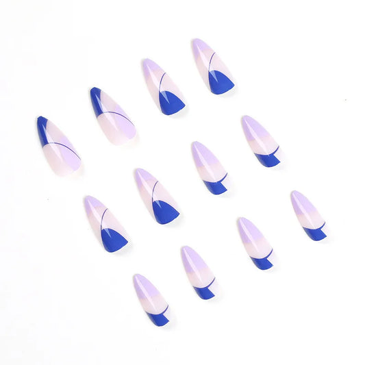24 -stcs blauwe paarse lange nep nagels volle cover nagels tips druk op doe -het -zelf manicure Franse valse nagels eenvoudige elegante amandel kunstmatige kunstmatige