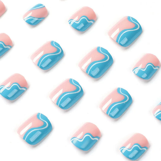 24Pcs Simple Blue Wave Lines Edge Design French False Nails ballerina Lovely Fake Nails Press on Short Square Nail Tips Wearable