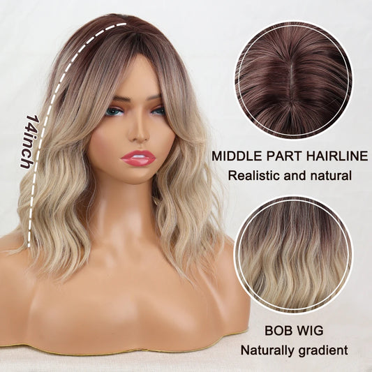 Brown Ombre Blonde Synthetic Bangs Wig Women Ash Blonde short Natural Wavy Hair Wig Daily Cosplay Use Heat Resistant
