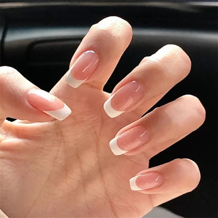 24Ps/Set White Edge French Wearing Fake Nails Art Artificial Translucent Acrylic Press on Nail Tips Stick on Nails