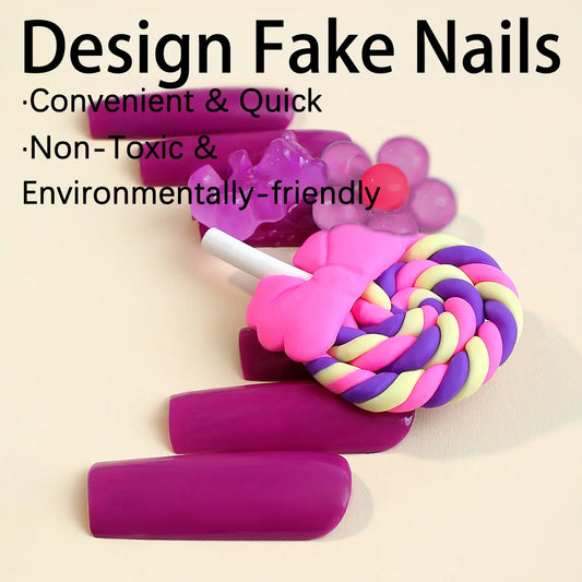 Mooie Lollipop Bear Diy False Nail Tips Y2K Style Fake Nail Long Coffin Ballet Purple Artificial Nails For Girls Women 24pcs