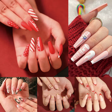 24pcs Christmas Elk blanc Snowflake rouge amovible wearable artificiel faux ongles press on nail art paillettes réutilisables de faux ongles