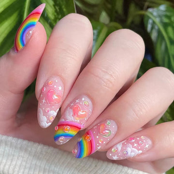 24Pcs Pink French False Nails Rainbow Cloud Design Full Cover Nail Tips Summer Long Almond Fake Nails Almond Press on Nails