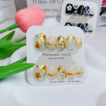 High-end eenvoudige stijl druk op nagels met geel emailbloemontwerp elegant en temperament in Emmabeauty Store.No.24174