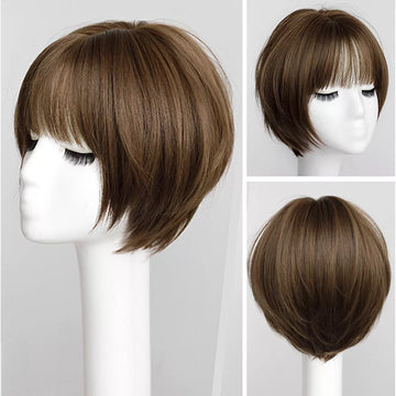 BEAUTYCODE Synthetic Straight Bob Hair Wig for Women  Short Wigs with Bangs Heat Resistant Dark Brown Hair Cosplay Wig
