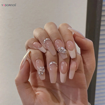 French Fake Nails Stick-on Long Ballet Pink False Nails with Rhinestone Designs Full Cover Acrylic Press on Nails for Women Girl