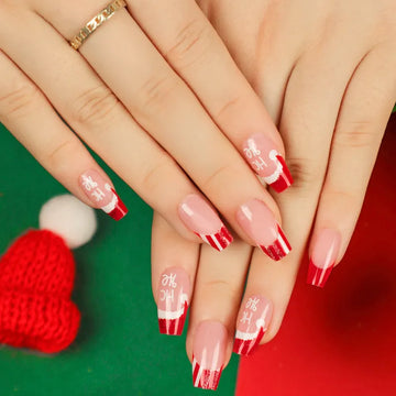 Simple Santa's Hat White Red Winter Christmas Short Ballet Fake Nails Detachable Finished False Art Nails Press on Glue Manicure