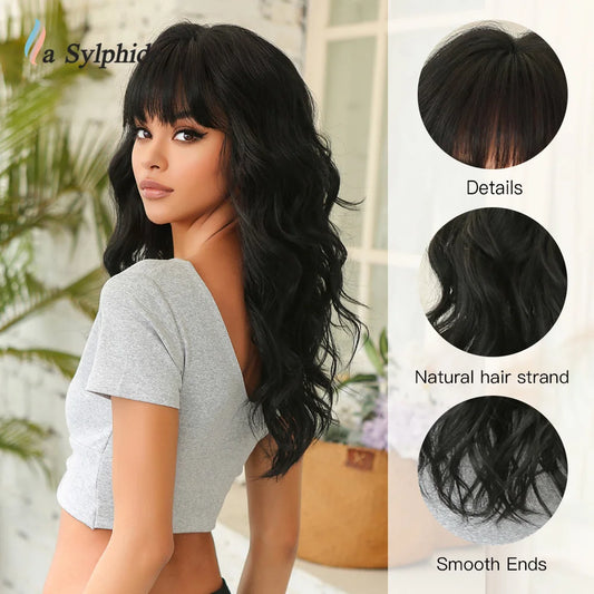 La Sylphide Black Wig with Bangs Long Water Wavy Wigs for Women Party Wigs Cosplay Daily Use High Density Fiber Hair