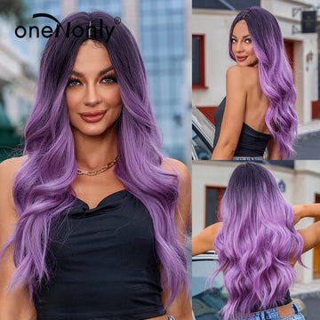 oneNonly Synthetic Wig Long Wave Ombre Purple Wigs for Women Cosplay Lolita Party Natural Hair Heat Resistant