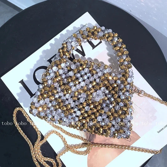 Vintage Crystal Bling Beaded Luxury Women's Bag Designer Long Metal Chain Handbag for Women Flap Pockets Evening Party Handbag