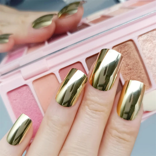 Mustard Color Metallic Mirror Reflective Fake Nails Square Medium Length Cool Simple Style Press On Nails for Daily Wear 24pcs
