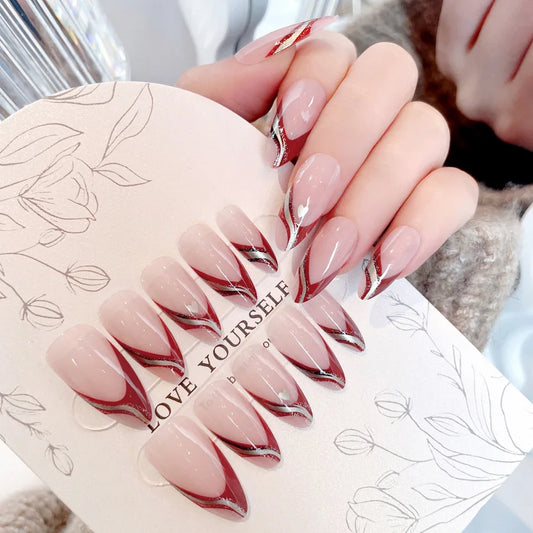 24 -stam Amandel Franse valse nagel glanzende lijn druk op nail art manicure draagbaar eenvoudige naakt kleur nep nagelspatch voor meisje vrouwen