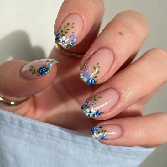 24 -stcs zomer bloeiende stroontwerp valse nagels korte vierkante nep nagels met lijm eenvoudige Franse pers op nagels draagbaar
