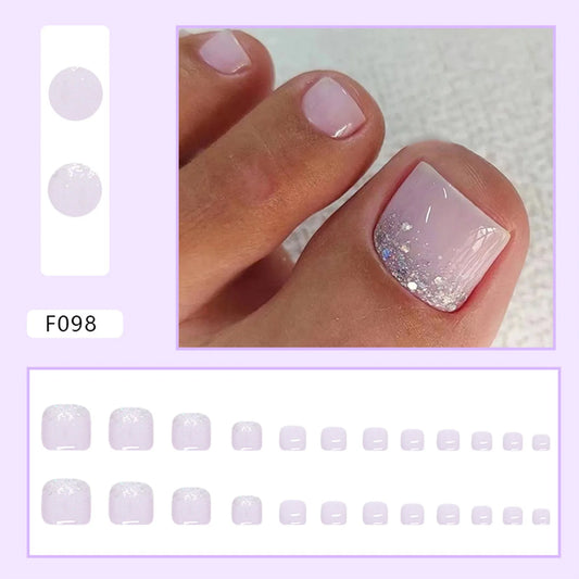 24pcs glitter lantejas cacilotes falsos de unha simples para meninas femininas dicas de unhas de pé acrílico reutilizável