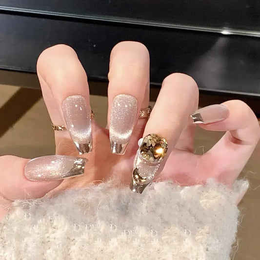 10pcs Handmade short french artificial nails cat eyes shiny rhinestones full cover press on nails ballet false nails with glue
