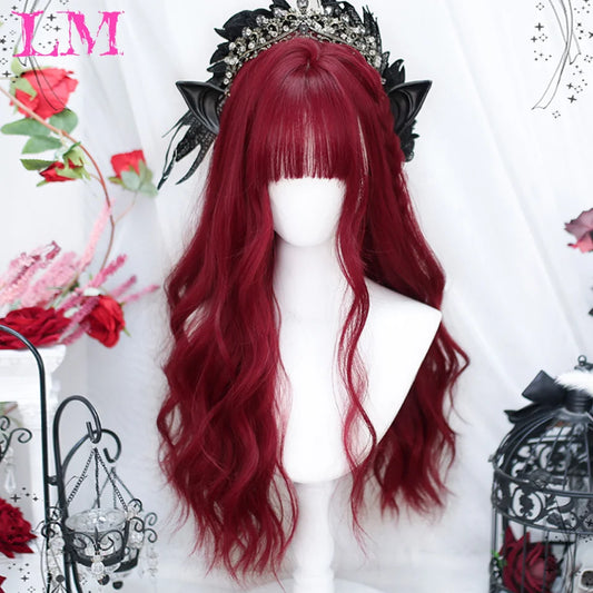 LM Light Wine Red Synthetic Wigs With Bangs for Women Long Wavy Hair Wig Natural Cosplay Party Heat Resistant