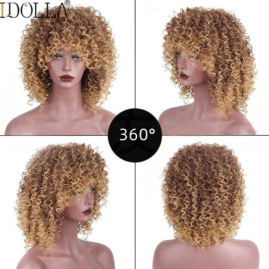 Idolla Short Curly Blonde Wig Synthetic Afro Kinky Curly Wig With Bangs For Black Women Natural Ombre Blonde Cosplay Wig