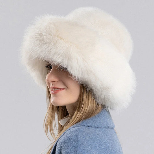 Women Winter Hat Thickened Artificial Rabbit Hair Bucket Hat Warm Earwarmer Earmuff Russia Cossack Hat Fur Outdoor Ski Cap