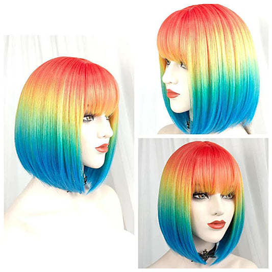 Similler Women Synthetic Hair Short Rainbow Wigs Straight High Tempera Fiber Colorful Wig Ombre Bob Wig with Bangs