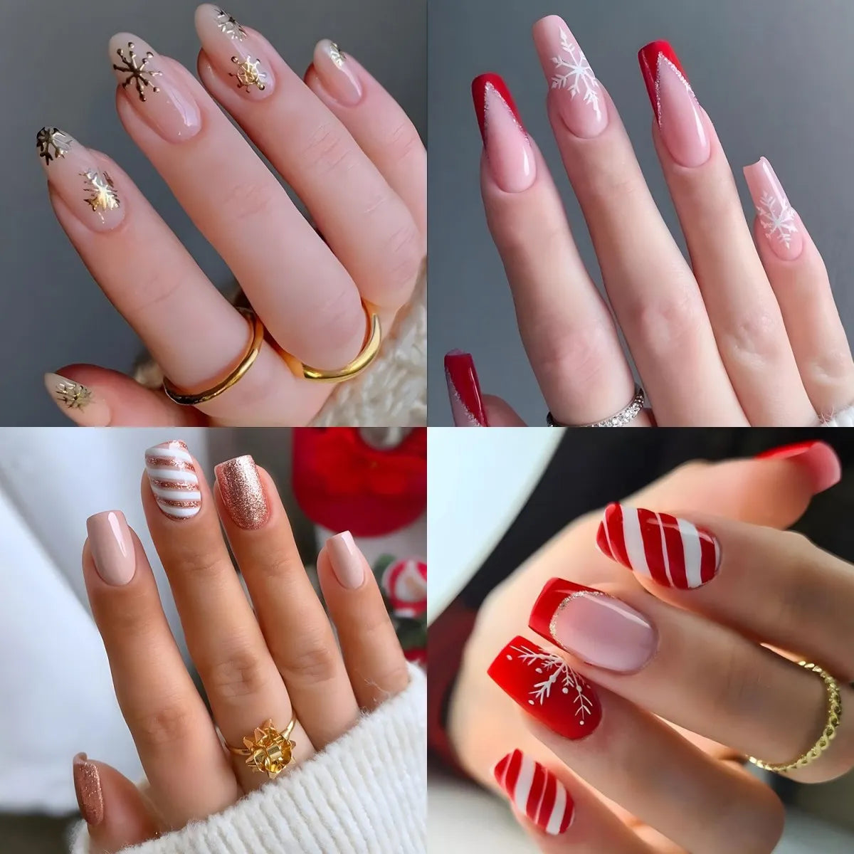 24Pcs Christmas Exclusive False Nails Wearable Xmas Style Fake Nails Checked Snowflake Design Full Cover Press on Manicure Tips*