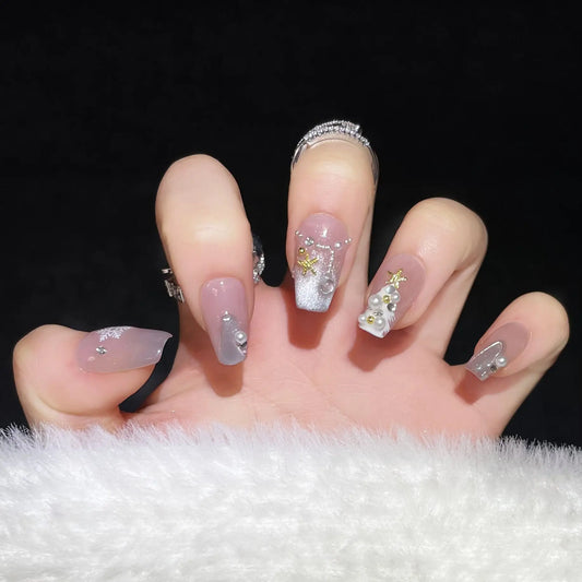 10pcs Christmas Theme Fake Nails Press On Nails With Glossy Christmas Tree Decorations Removable Waterproof False Nail For Women