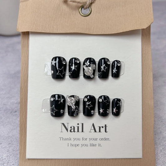 Y2K handgjorda kortpressar på naglar koreanska rosa och svarta stjärna naglar återanvändbara lim falska naglar akryl fullt omslag nagelips
